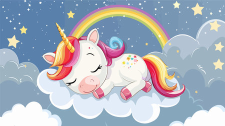 Dreamy Sleeping Unicorn on a Starry Cloudのイラスト素材