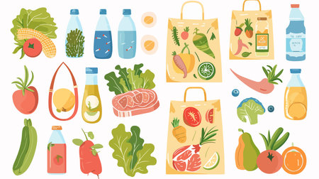 Sustainable Eco-Friendly Bag Filled with Food and Essential Suppliesのイラスト素材