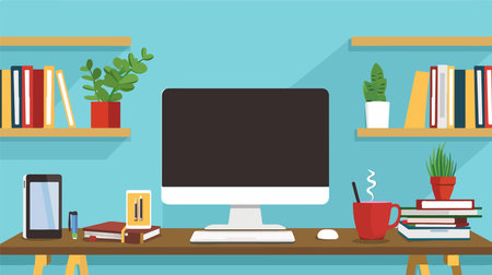 Modern Flat Interior Workspace with White Desk and Computerのイラスト素材