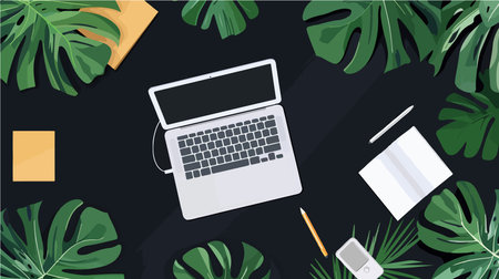 Minimalist Office Desk Flatlay with Papers, Laptop, and Note Spaceのイラスト素材