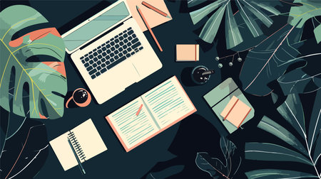 Minimalist Office Desk Flatlay with Papers, Laptop, and Note Space