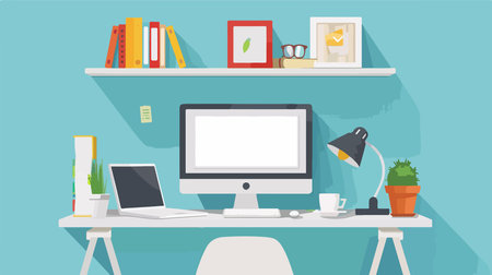 Modern Flat Interior Workspace with White Desk and Computerのイラスト素材