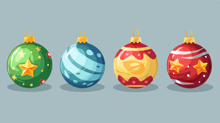 Set of Four Colorful, Traditional Christmas Balls with Vector Illustrationのイラスト素材