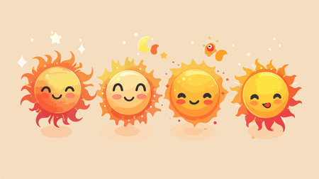 Four Faces of Adorable Kawaii Cartoon Suns Shining Brightly