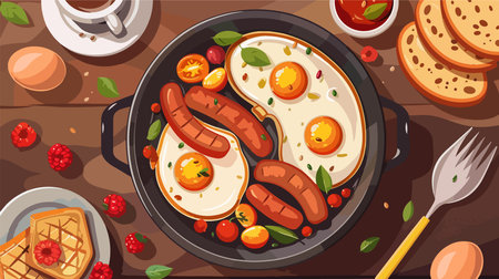 Scrumptious Breakfast of Fried Eggs with Sausage, Bread, and Coffee in a Panのイラスト素材
