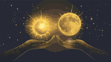 Golden Celestial Embrace: Sun and Moon Intertwined in Mystical Harmonyのイラスト素材
