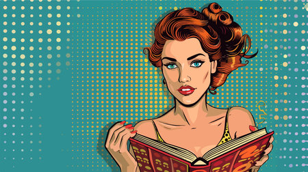 Pop Art Lady with Literature: Young Woman Reading a Book in a Vibrant Displayのイラスト素材