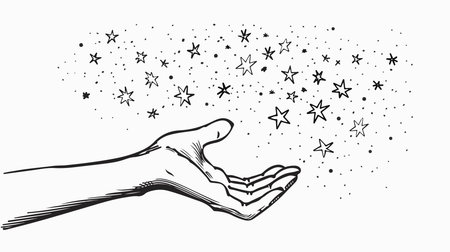 Minimalist Line Art Illustration of a Hand Reaching for Stars on a Navy Backgroundのイラスト素材