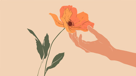 Minimalistic Vector Illustration of a Hand Gently Touching a Delicate Flowerのイラスト素材