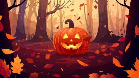 Spooky Halloween Pumpkin Amidst Autumn Foliage with Falling Leavesのイラスト素材