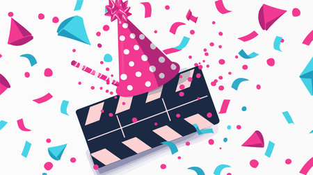 Playful Party Banner with Pink Confetti and Festive Hatのイラスト素材