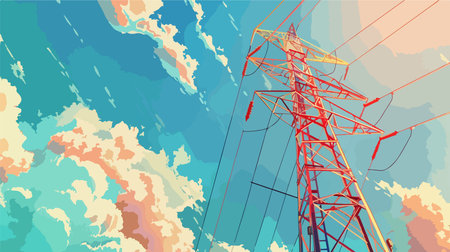High Voltage Tower Soaring Against a Clear Blue Sky, Connected to Power Line Gridのイラスト素材