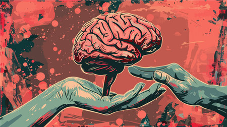 Human Brain and Hand in a Modern Collage Featuring Vibrant Shapes and Patternsのイラスト素材