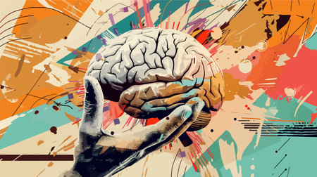 Human Brain and Hand in a Modern Collage Featuring Vibrant Shapes and Patternsのイラスト素材