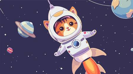 Spacefaring Feline: Adorable Cat Astronaut Explores Near Rocketryのイラスト素材