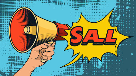 Vibrant Pop Art Illustration of Loudspeaker with "SALE" Textのイラスト素材