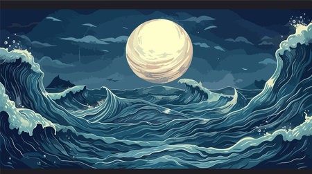 Hand-Drawn Marine Illustration with Intricate Round Frame of Sea Wavesのイラスト素材