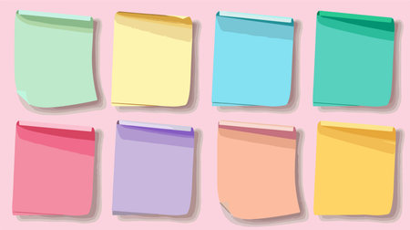 Vibrant Multicolored Note Papers with Unique Sticker Designのイラスト素材
