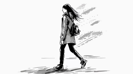 Modern Urban Woman Strolling: A Black and White Sketchのイラスト素材