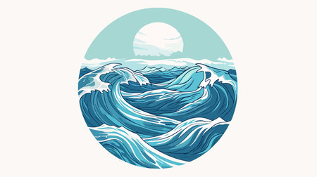 Hand-Drawn Marine Illustration with Intricate Round Frame of Sea Wavesのイラスト素材