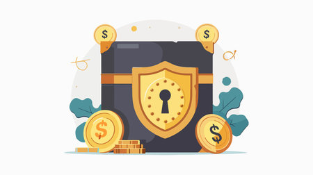 Closed Bank Safe Icon with a Money Shield on a White Backgroundのイラスト素材