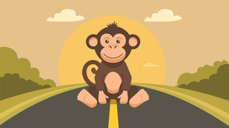 Cartoon Monkey Resting on Road Signpost with Pointer