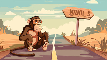 Cartoon Vector Illustration of a Monkey Sitting on a Yellow Road Sign