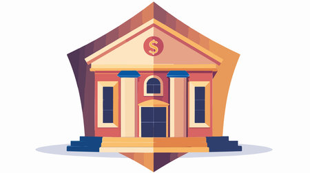 Money Protection Symbol on White Background with Bank Silhouetteのイラスト素材