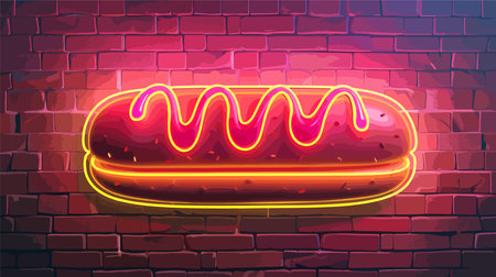 Vibrant Hot Dog Neon Sign Adorns Brick Wall for Nighttime Cravingsのイラスト素材