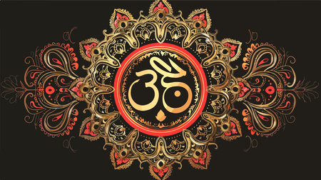 Ornate Om Aum Symbol with Elaborate Indian Mandala Ornamentationのイラスト素材