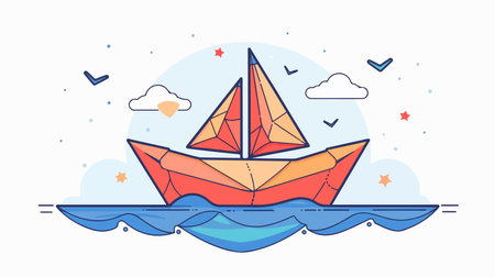 Origami Paper Boat on a Pristine White Background: A Symbol of Childhood and Imaginationのイラスト素材