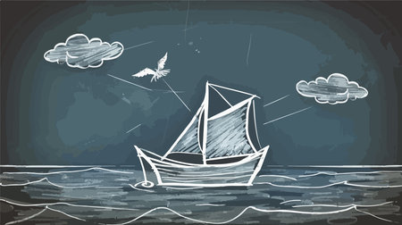 Cartoon Vector Illustration of a Paper Ship with Chalk Sketch Styleのイラスト素材