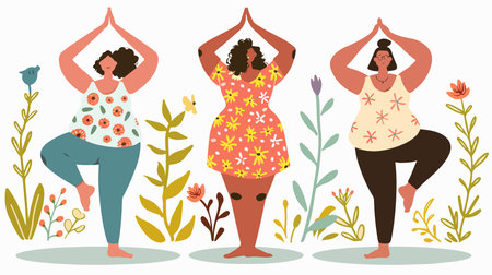Curvaceous Young Woman Practicing Lotus Yoga Pose in Line Art Illustrationのイラスト素材