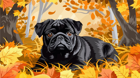 Autumn Tranquility: A Black Pug Posing Gracefully in a Golden Parkのイラスト素材
