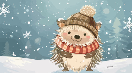 Holiday Greetings with an Adorable Hat-Wearing Hedgehogのイラスト素材