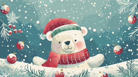Adorable Festive Bear Spreading Christmas Cheer in Hat and Scarfのイラスト素材