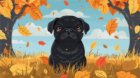 Autumn Tranquility: A Black Pug Posing Gracefully in a Golden Parkのイラスト素材