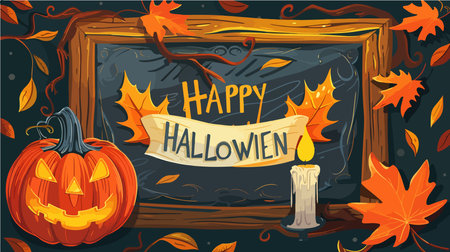 Autumnal Pumpkin Lantern Illuminating Fallen Leaves in Warm Candlelightのイラスト素材