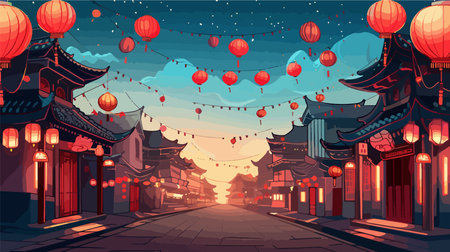 Cartoon Lanterns Adorning Street in Asian Townのイラスト素材