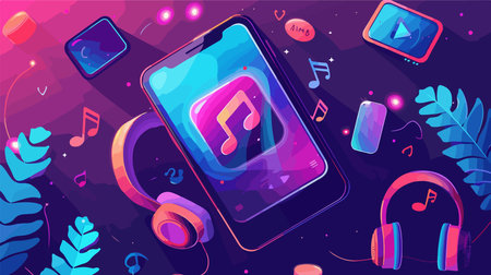 Music streaming app interface with headphones illustrationのイラスト素材
