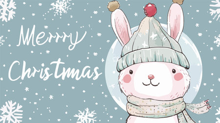 Adorable Round Rabbit with Festive Hat and Scarfのイラスト素材