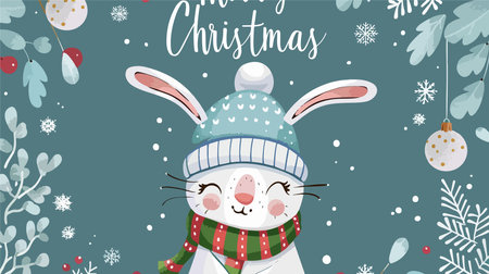 Adorable Round Rabbit with Festive Hat and Scarfのイラスト素材