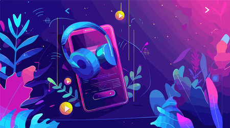 Digital art illustration of music streaming interface with headphonesのイラスト素材