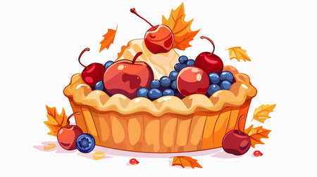 Decorative pie banner with orange, white and red colors featuring a fruit pie with apples, blueberries, cherries and autumn leavesのイラスト素材