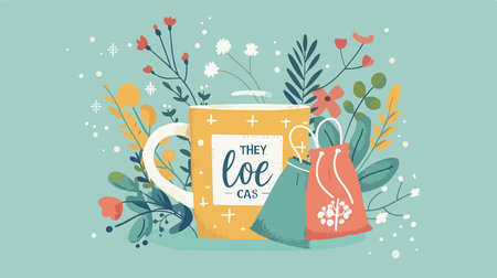 Cozy Postcard with Tea Bag, Mug, and Uplifting Slogan in Minimalistic Designのイラスト素材