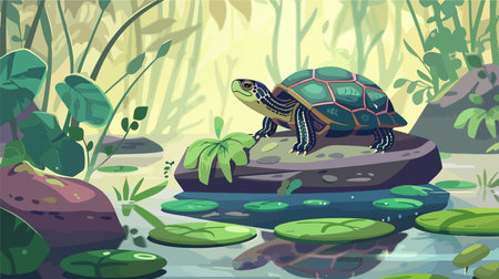 Tranquil Pond Portrait of a Patient Pond Slider Turtle Posing on a Stoneのイラスト素材