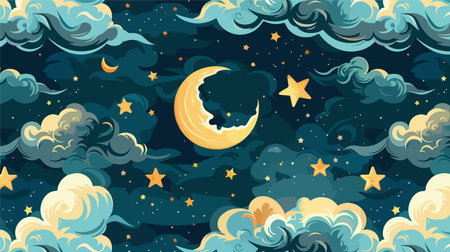 Celestial Tapestry of Retro Moons and Stars under a Midnight Skyのイラスト素材