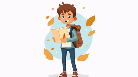 Cheerful Schoolboy Posing with Copybook and Smiling for Cameraのイラスト素材