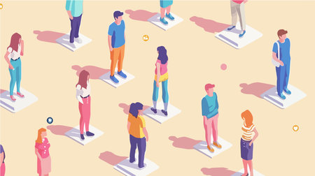 Cartoon-Style Isometric Depiction of Social Distancing in Public Spacesのイラスト素材