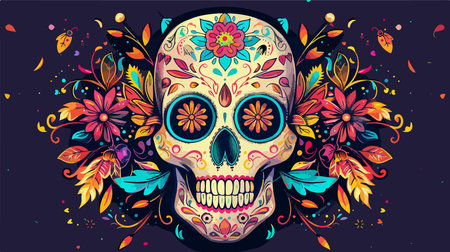 Sugar Skull with Intricate Floral Ornamentation Inspired by Mexican Artのイラスト素材